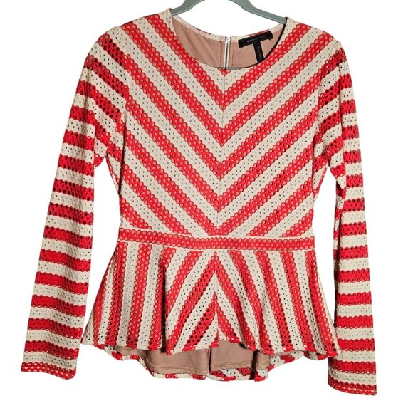 BCBGMAXAZRIA Red  White Long Sleeve Peplum Top Back Zipper Womans - Picture 1 of 12